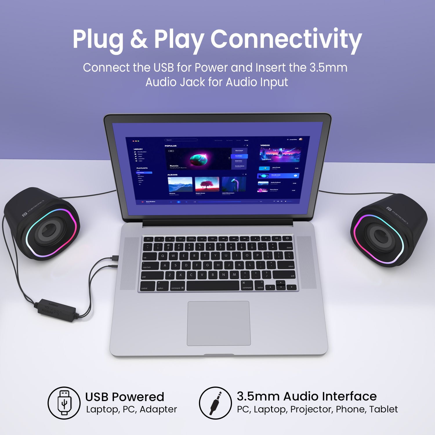 black Portronics In Tune 5 PC Speaker | Wired speakers for pc with USB power and 3.5mm AUX | computer speaker price friendly option for desk and home use
