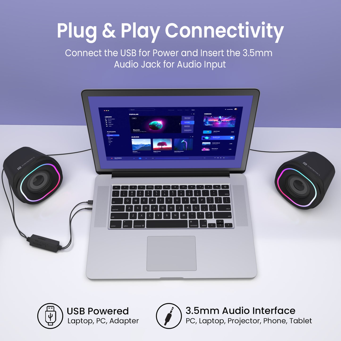 black Portronics In Tune 5 PC Speaker | Wired speakers for pc with USB power and 3.5mm AUX | computer speaker price friendly option for desk and home use
