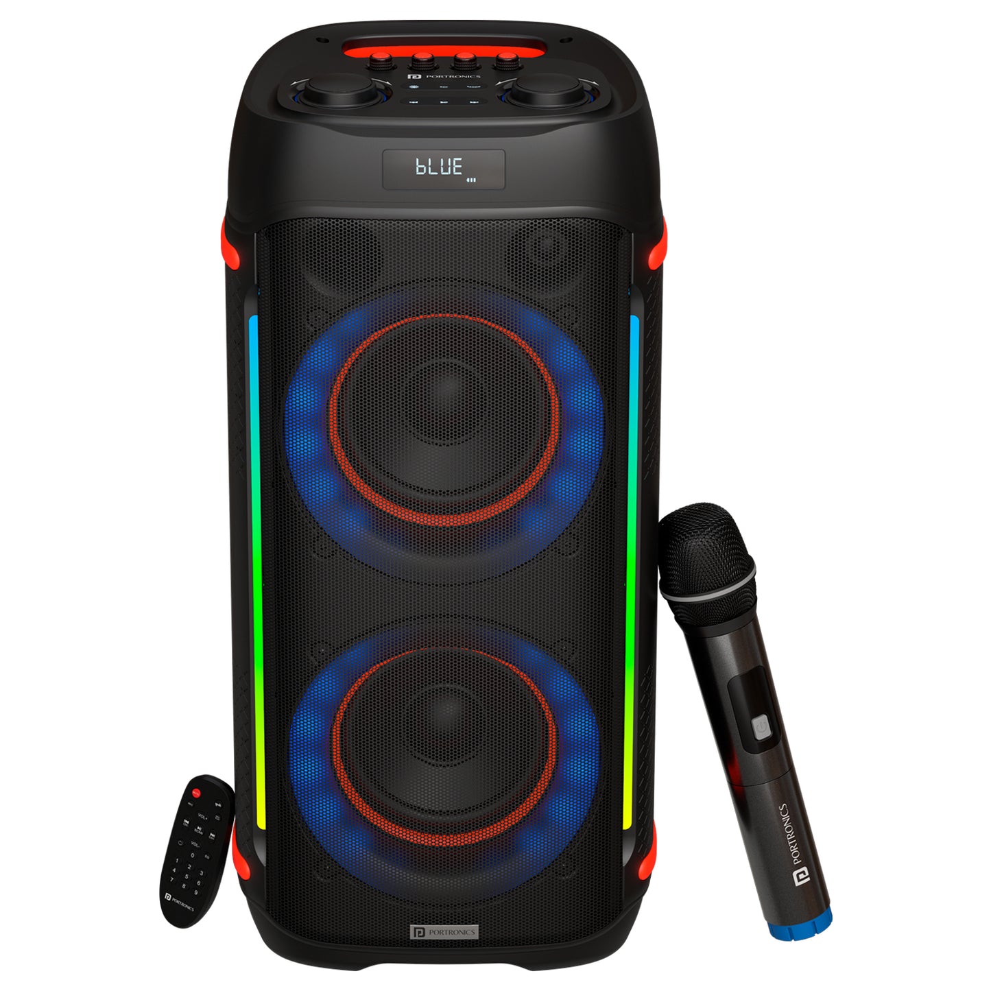 Portronics Iron Beats IV 250W party speaker with Bluetooth, dual subwoofers, and RGB LED lights for immersive audio experience