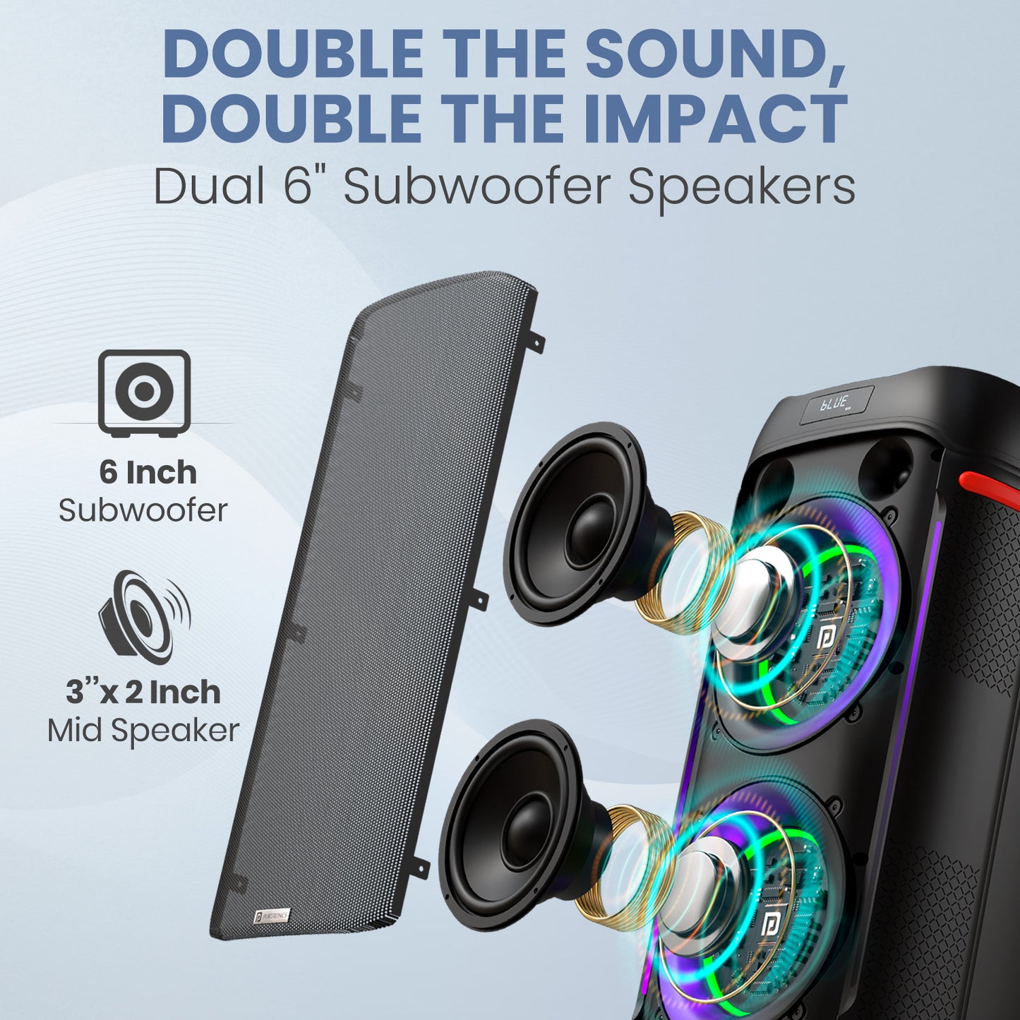 Portronics Iron Beats IV audio accessory for parties with 6" subwoofers, RGB LED lights, and wireless karaoke mic for non-stop entertainment| Karaoke mic speaker|