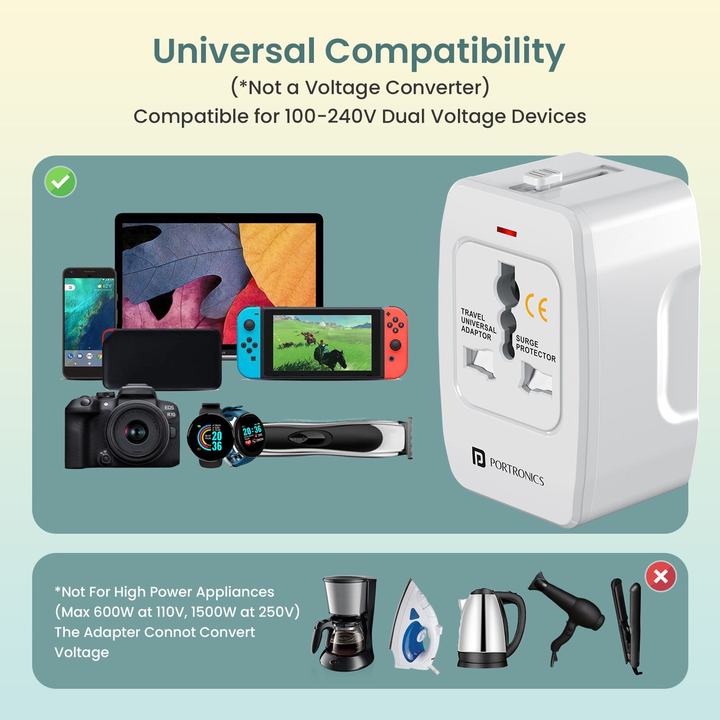 Portronics JuiceMate 3 Charging Adapter – Universal Plug Compatibility for Travel| best power adapter for 