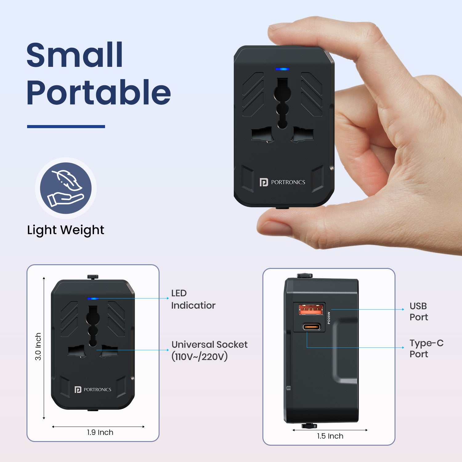 Portronics Juicemate 4 18W USB-A output adapter for fast charging | Universal travel adapter with multiple international plug types