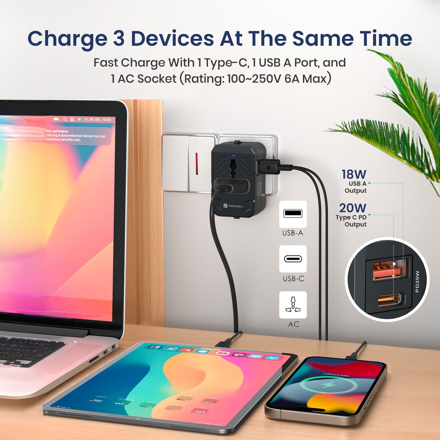 Portronics Juicemate 4 20W universal travel adapter for efficient multi-device charging | Best travel adapter available online