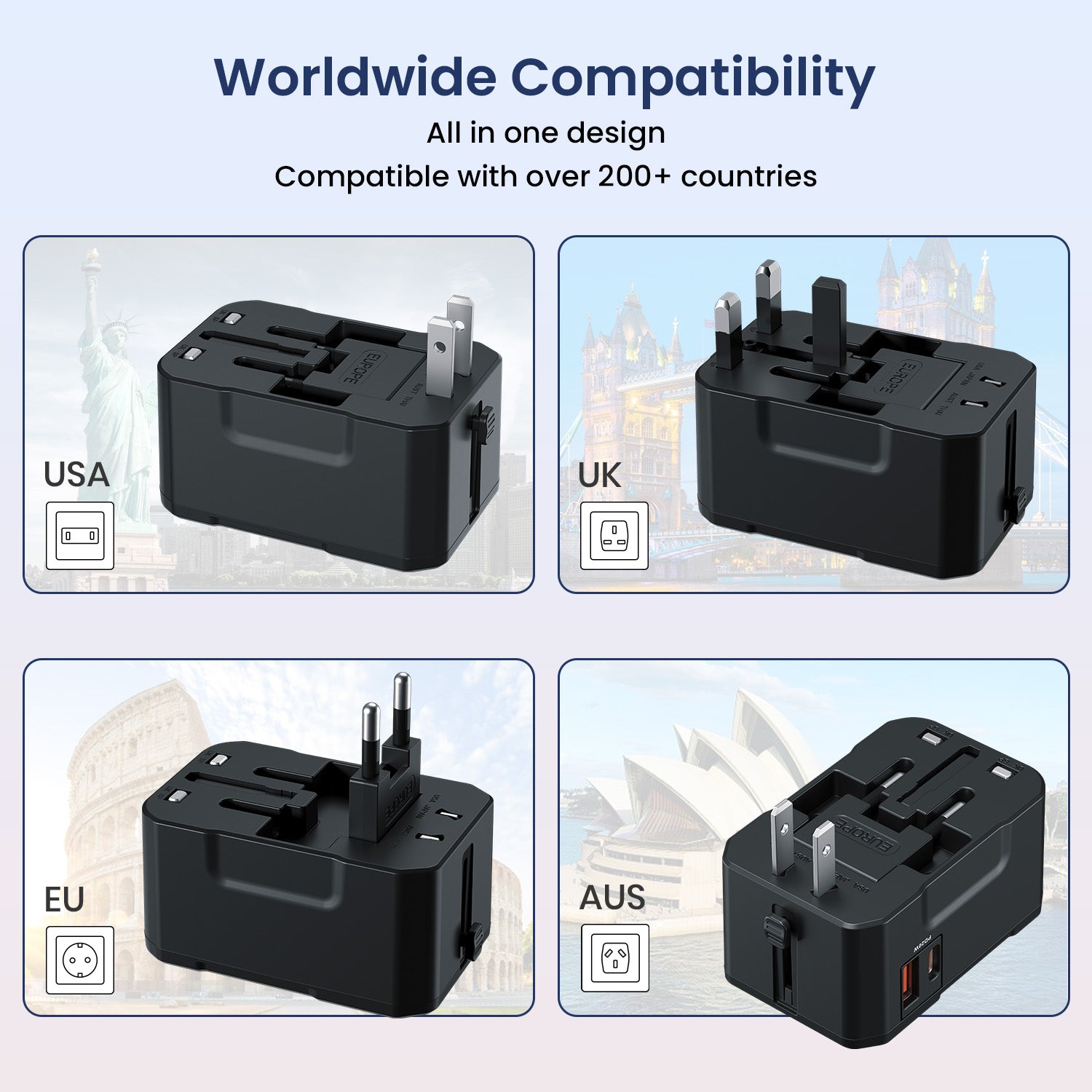 Portronics Juicemate 4 18W USB-A output adapter for fast charging | Universal travel adapter with multiple international plug types