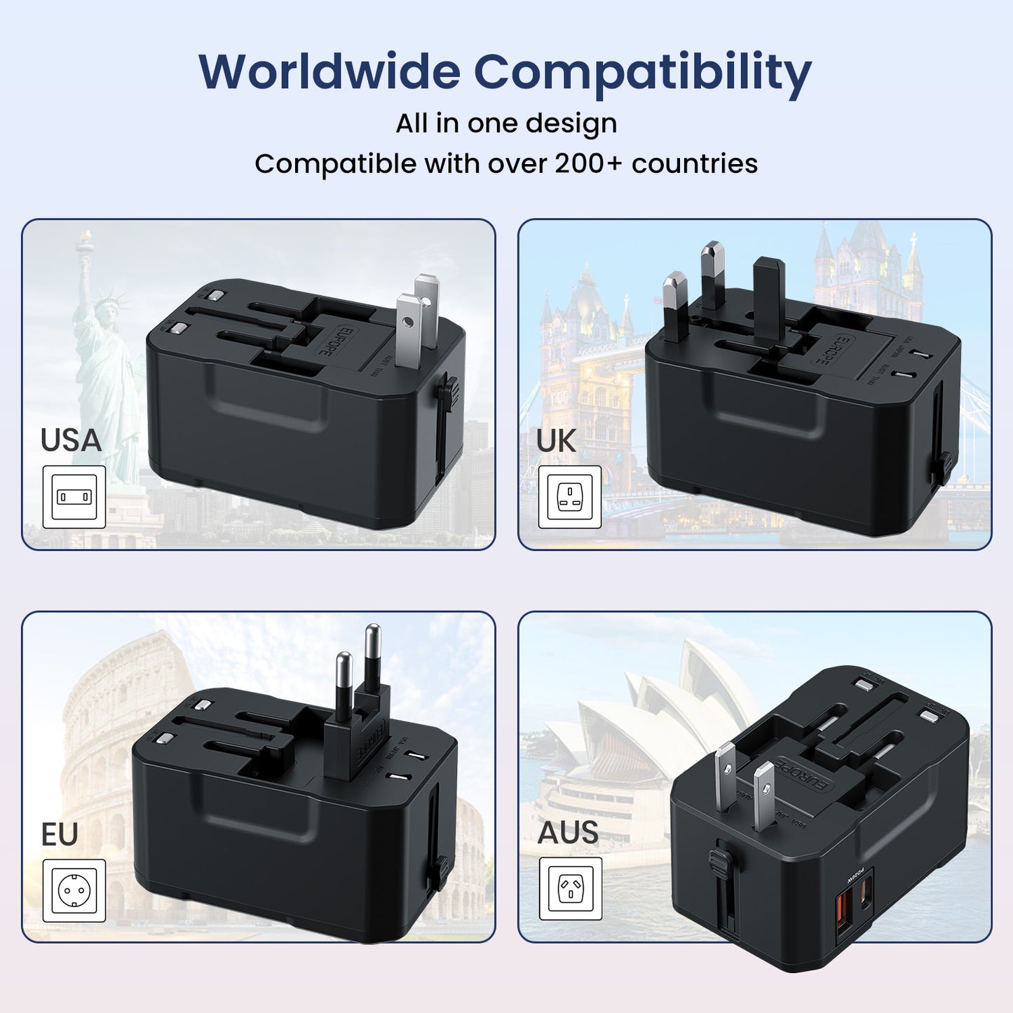 Portronics Juicemate 4 18W USB-A output adapter for fast charging | Universal travel adapter with multiple international plug types