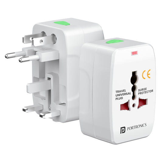 Portronics Juicemate Go Universal Travel Adapter with USB ports and type c support, multi USB adapter, fast charge, mobile charger, and power adapter with AC socket for global charging.
