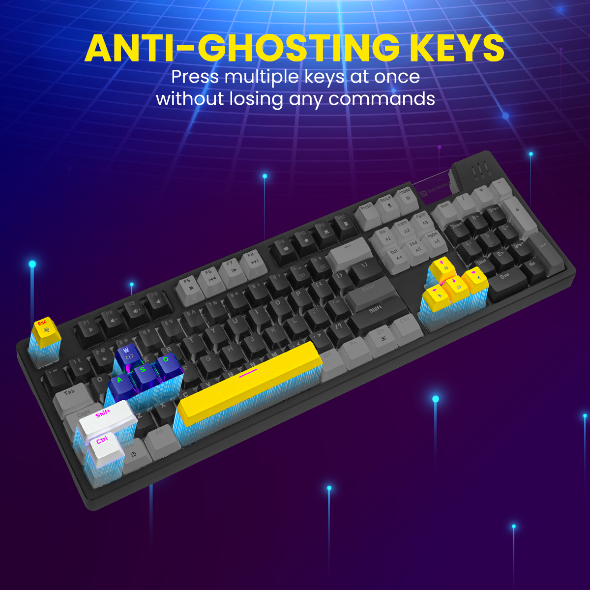 Portronics K2 mechanical wired keyboard with Bubble keycaps for smooth touch response, premium durability, and an aesthetic gaming look.