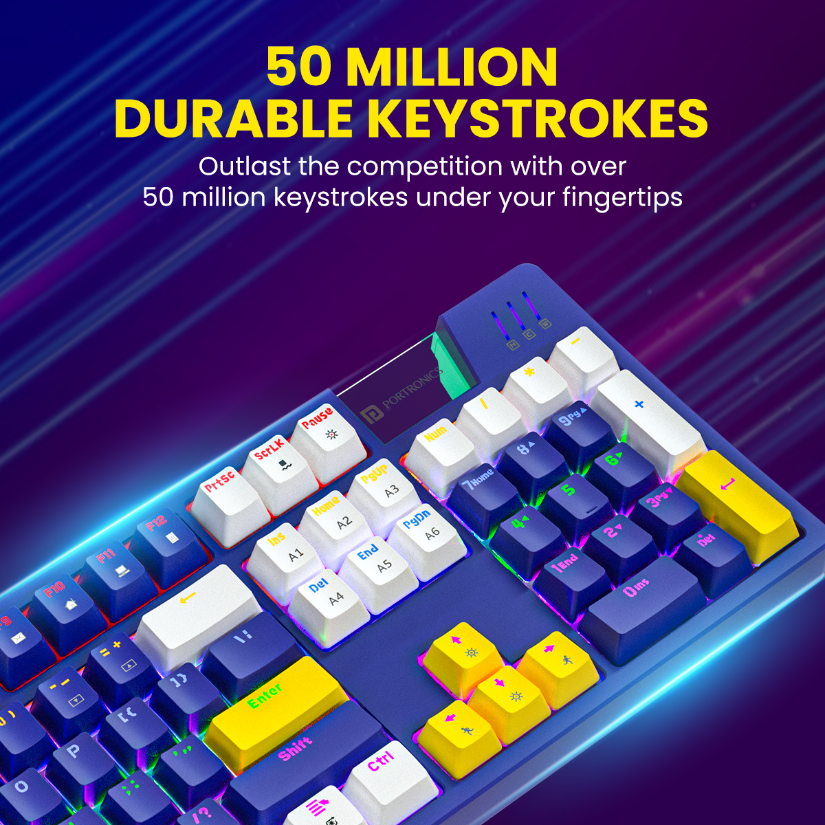 Portronics K2 wired mechanical gaming keyboard with tactile red linear switches, ensuring fast and quiet keystrokes ideal for gaming and office use.