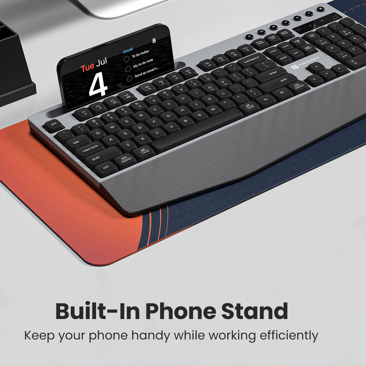 Portronics Key10 Wireless Keyboard has silent keypad feature| Mouse & keyboard Combo for laptop comes with built in smartphone holder