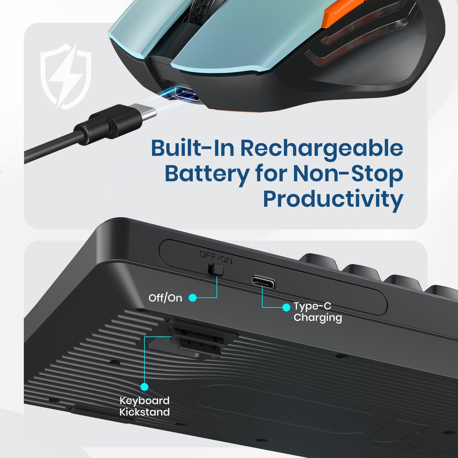 Portronics Key12 Keyboard & mouse combo wireless bluetooth for laptop – rechargeable keyboard with built-in battery, optical mouse with 6 responsive buttons, compatible with macbook, desktop, and Windows computer systems.