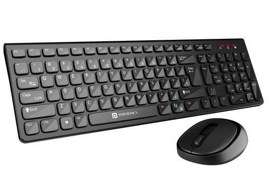 Black Portronics Key7 Combo wireless keyboard and mouse combo with silent typing and 2.4 GHz wireless mouse for laptop and computer use