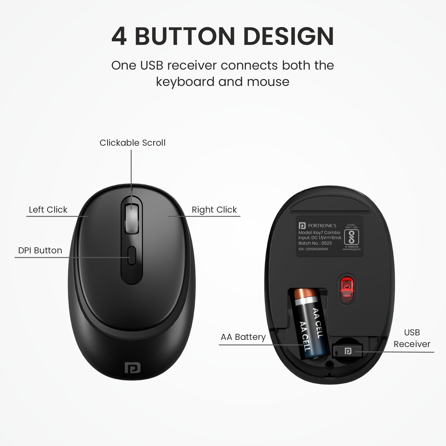 Black Portronics Key7 Combo wireless optical mouse with adjustable DPI and ergonomic wireless keyboard for laptop and desktop computers