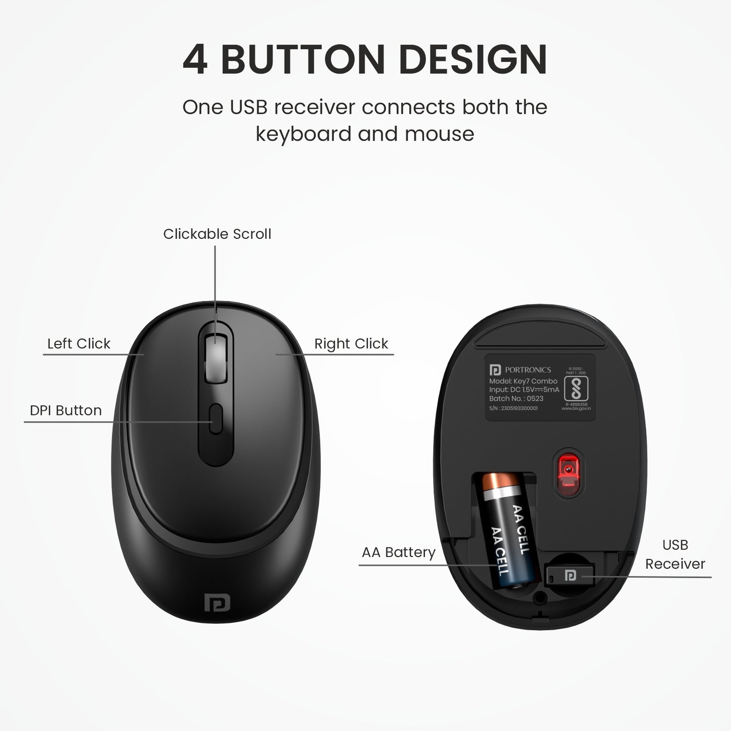 Black Portronics Key7 Combo wireless optical mouse with adjustable DPI and ergonomic wireless keyboard for laptop and desktop computers