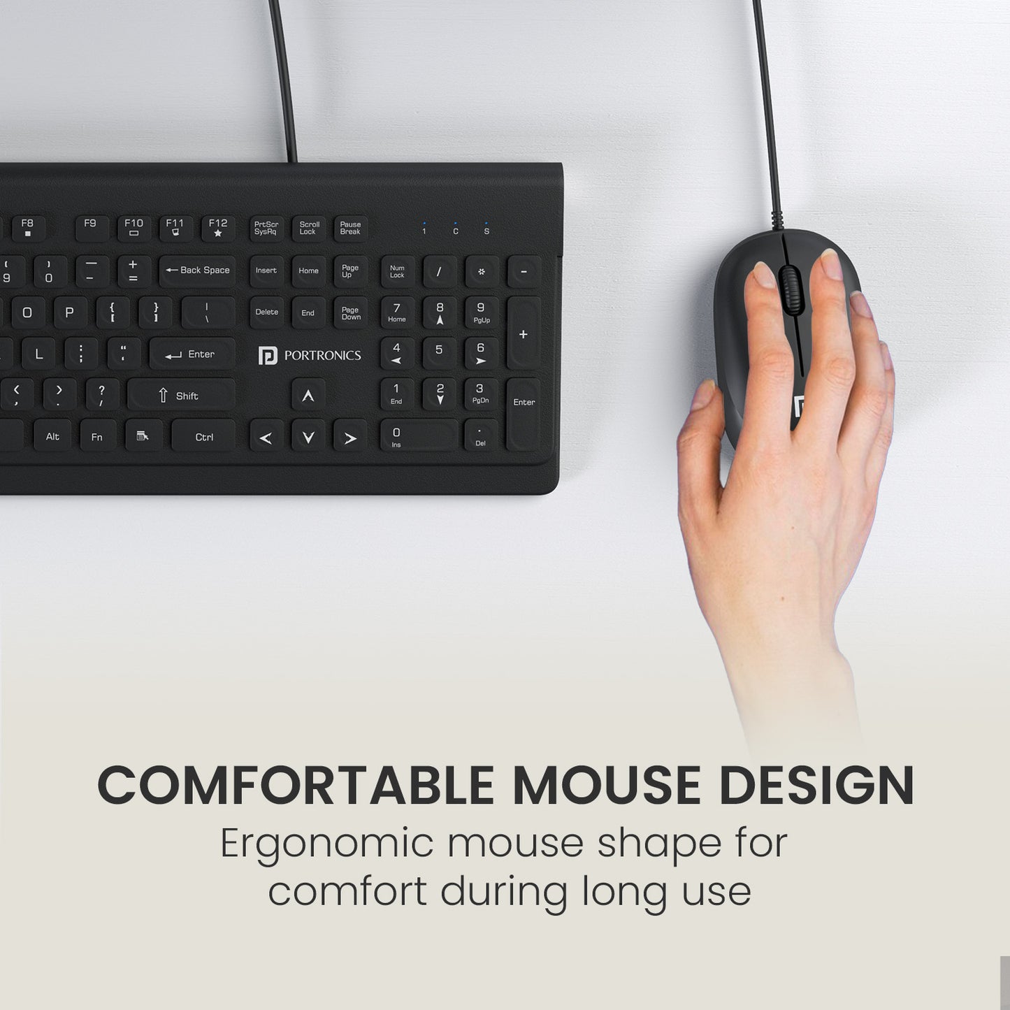 Ergonomic Portronics Keytonic laptop keyboard and mouse set, featuring UV-coated keycaps and optical tracking, perfect for MacBook, laptop, and desktop computer typing
