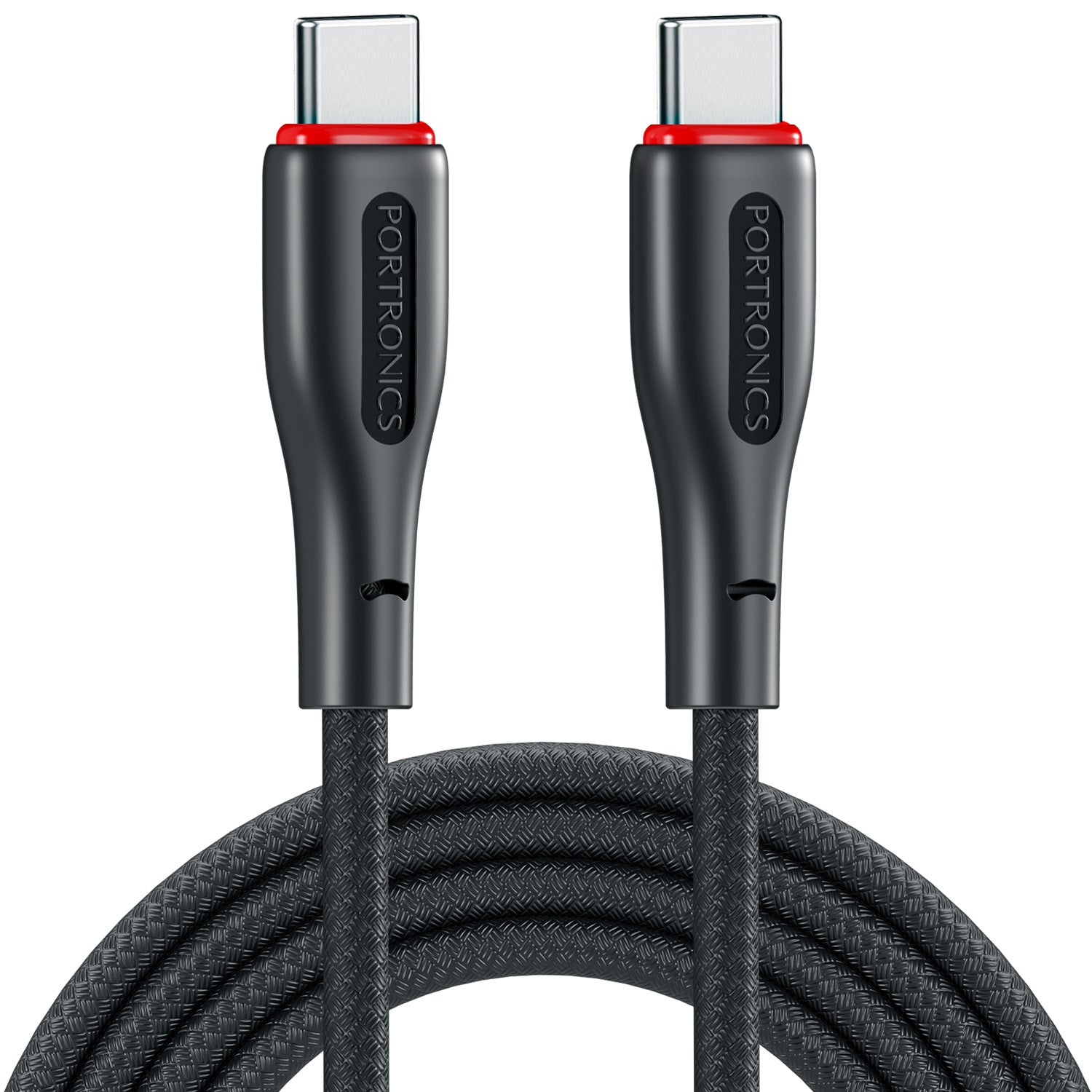 Black Portronics Konnect B Type C charging cable with smart chip protection | Prevents overheating and voltage spikes | This Type C charging cable keeps devices safe.
