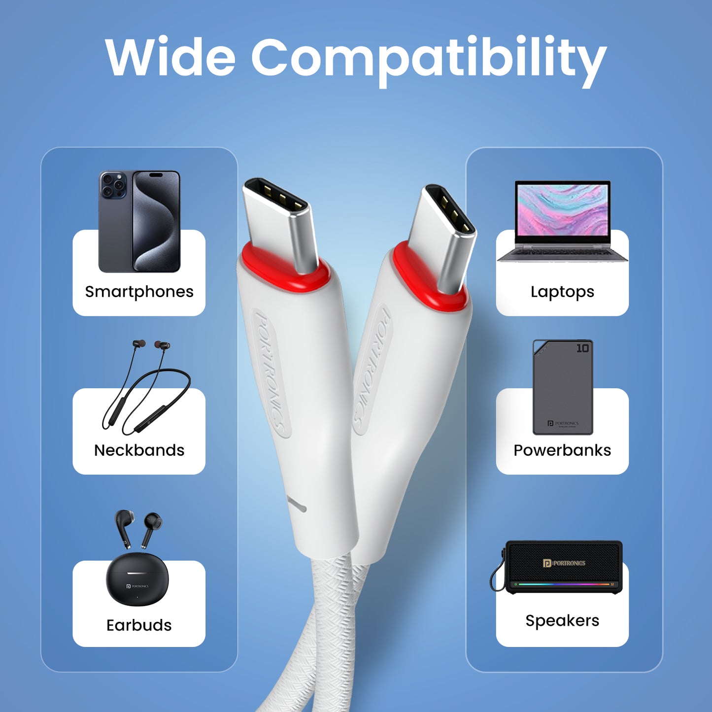 White Portronics Konnect B android type-c cable with PD compatibility | Safe charging for Android phones and tablets | This android type c cable supports fast charging standards.