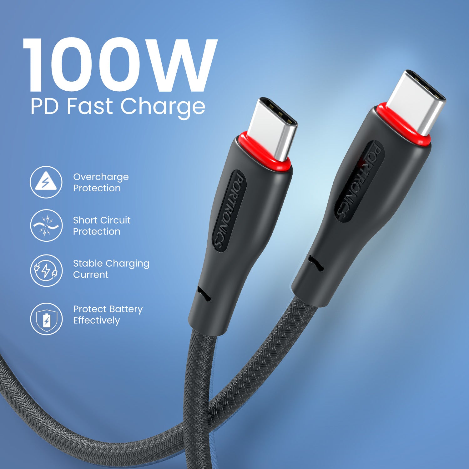 Black Portronics Konnect B fast charging cable 100W | Ensures consistent speed without heat buildup | This fast charging cable delivers secure power flow.