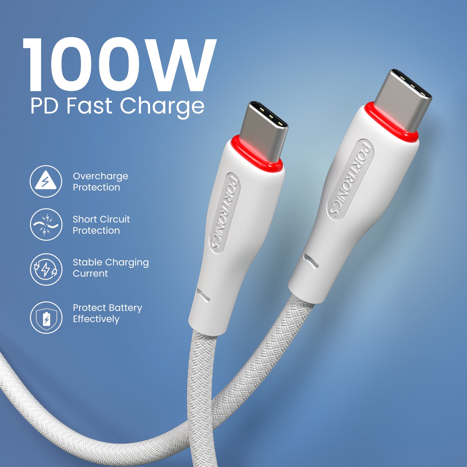 White Portronics Konnect B fast charging cable with 100W PD | Ideal for laptops, tablets and phones | This fast charging cable delivers rapid power efficiently.