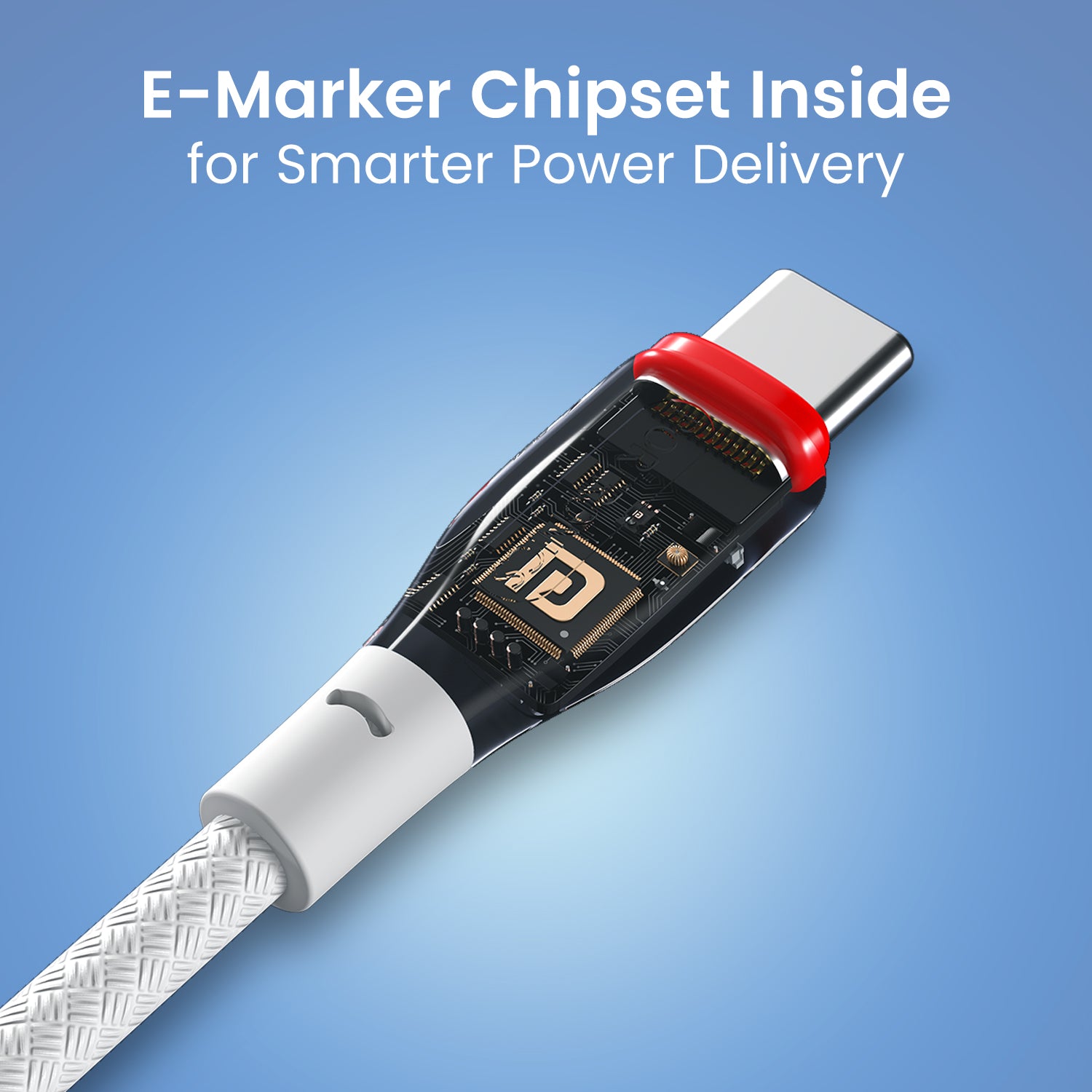White Portronics Konnect B type c cable with E-marker chipset | Stable 5A current for safe charging | This konnect core type c cable ensures reliable performance.