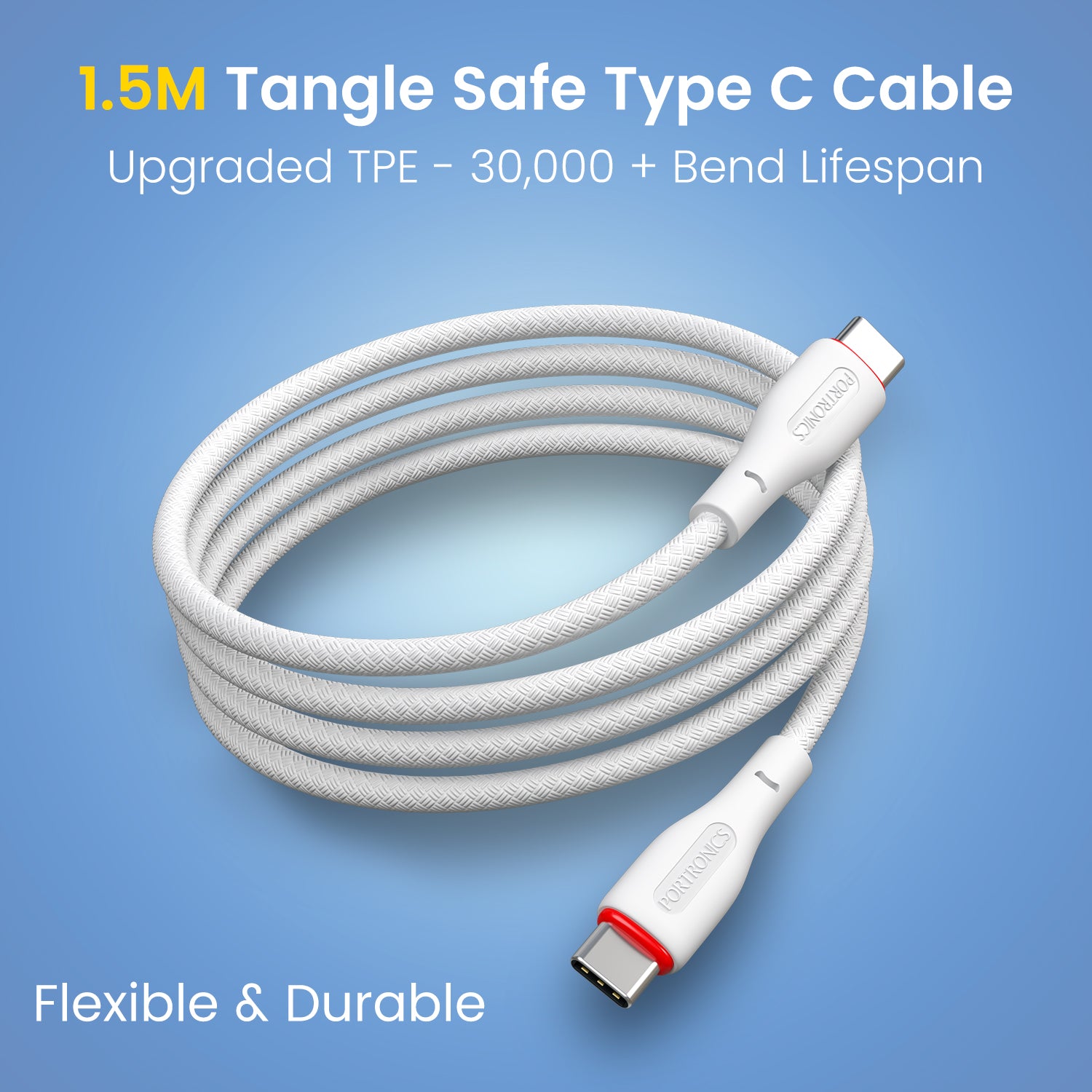 White Portronics Konnect B type c to type c cable with 1.5M length | Comfortable reach for desks and bedside use | This type c to type c cable offers convenient daily use.
