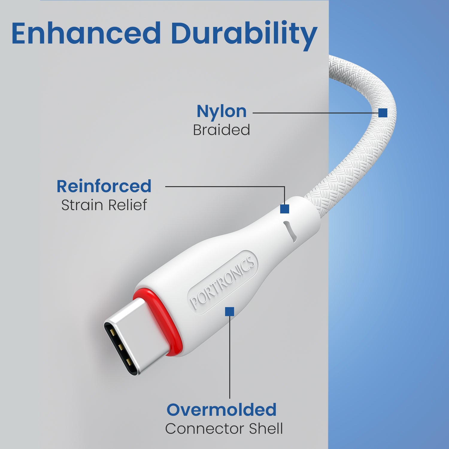 White Portronics Konnect B type c to type c cable with 1.5M length | Comfortable reach for desks and bedside use | This type c to type c cable offers convenient daily use.
