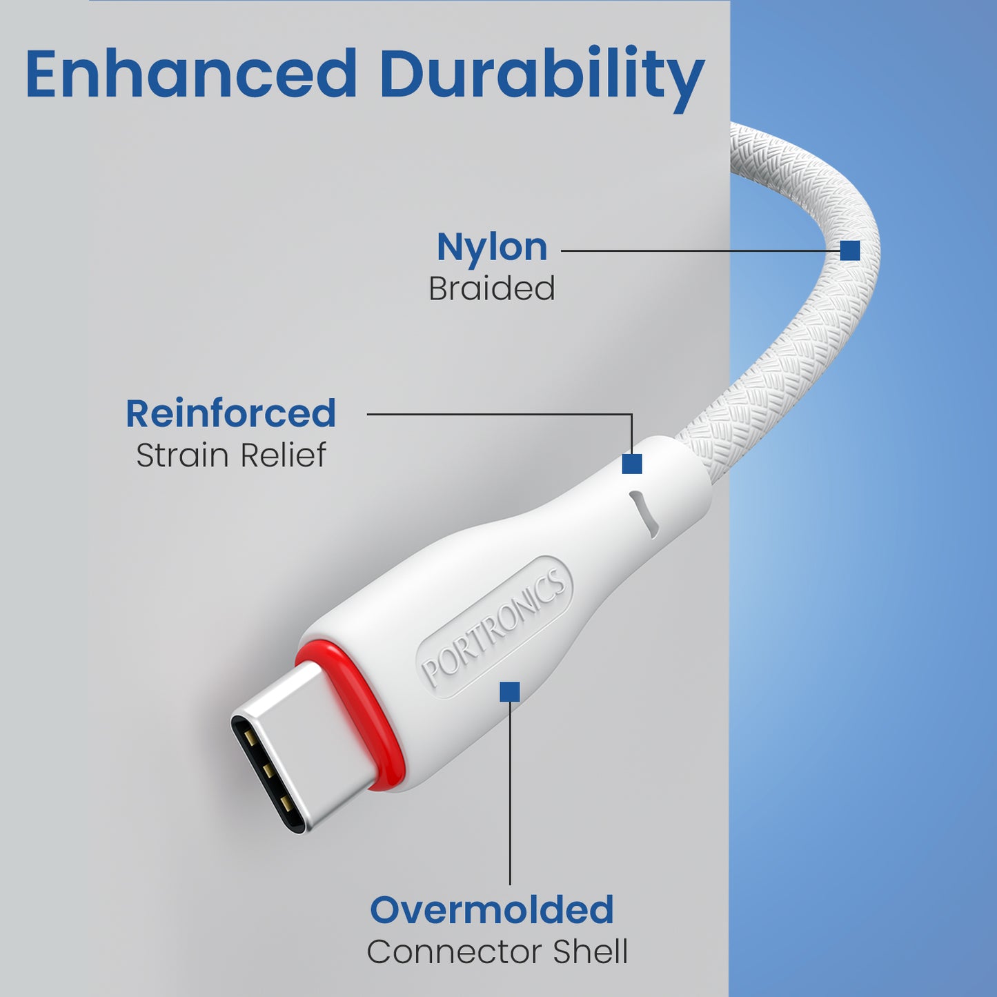 White Portronics Konnect B type c to type c cable with 1.5M length | Comfortable reach for desks and bedside use | This type c to type c cable offers convenient daily use.
