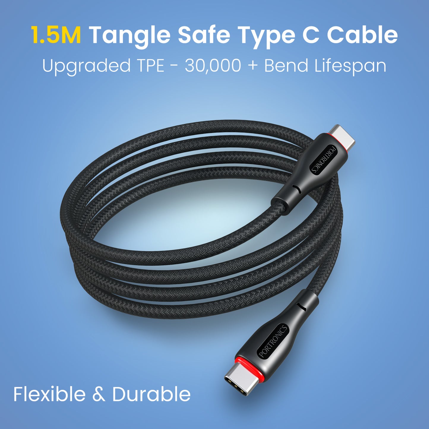 Black Portronics Konnect B type c to type c cable with 1.5M length | Comfortable reach for desks and bedside use | This type c to type c cable offers convenient daily use.