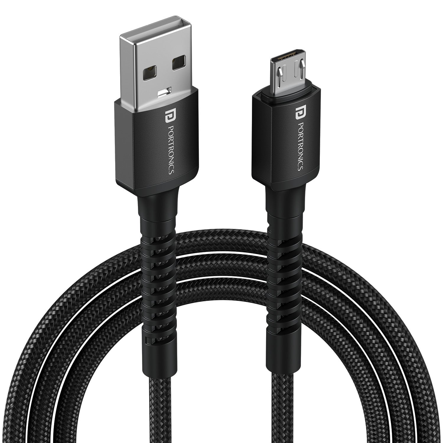 Black Portronics Konnect X USB cable with 3A fast charging and durable nylon braiding – ideal micro USB cable for Android phones and gadgets | reliable usb cable for daily charging
