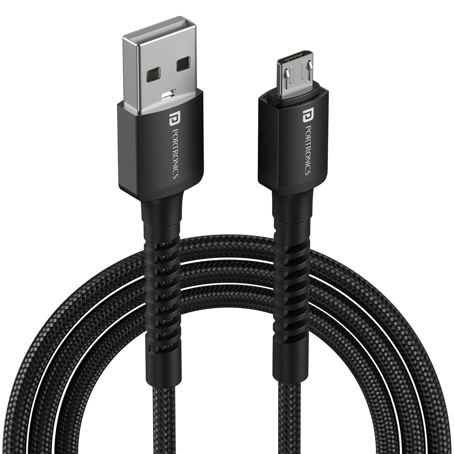 Black Portronics Konnect X USB cable with 3A fast charging and durable nylon braiding – ideal micro USB cable for Android phones and gadgets | reliable usb cable for daily charging
