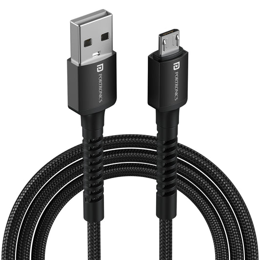 Black Portronics Konnect X USB cable with 3A fast charging and durable nylon braiding – ideal micro USB cable for Android phones and gadgets | reliable usb cable for daily charging
