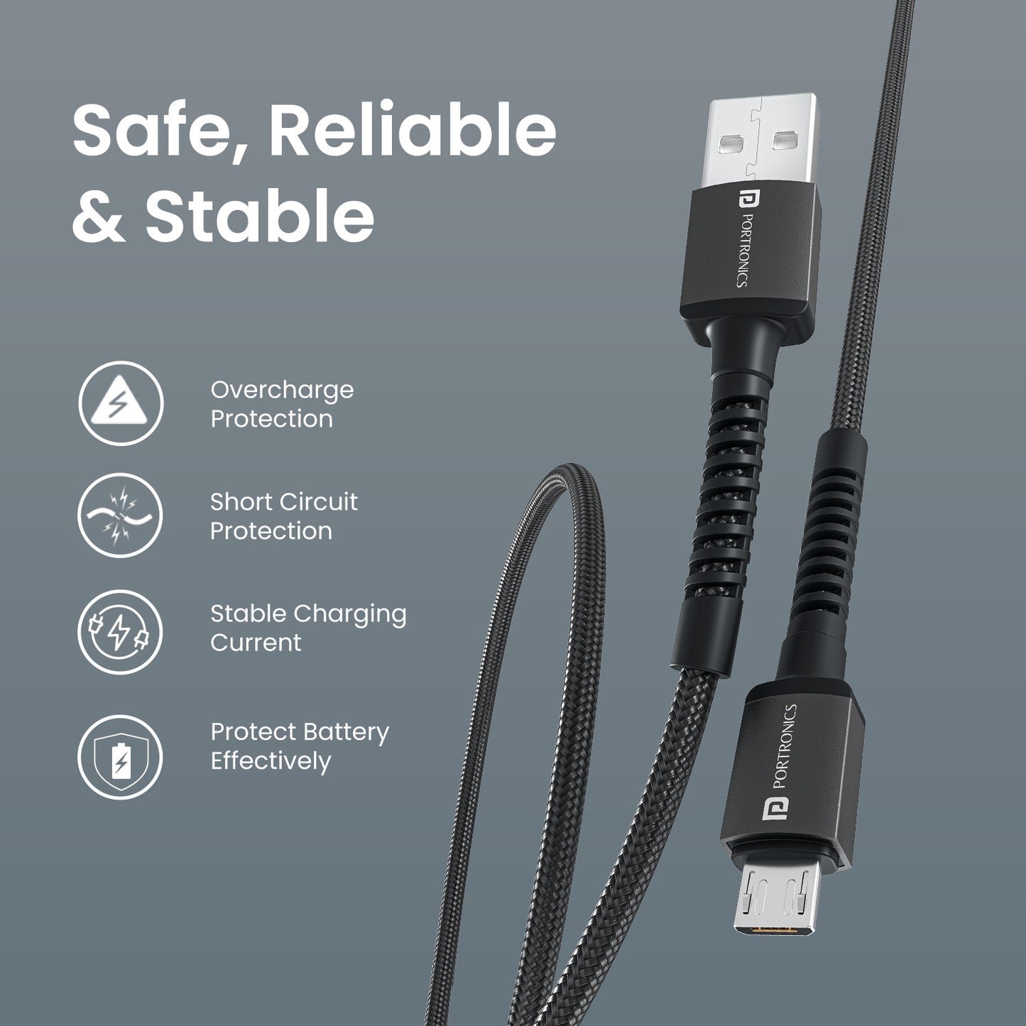 Black Portronics Konnect X android cable with smart chip protection against overheating and surges – safe choice for long charging sessions | secure android cable for protected charging