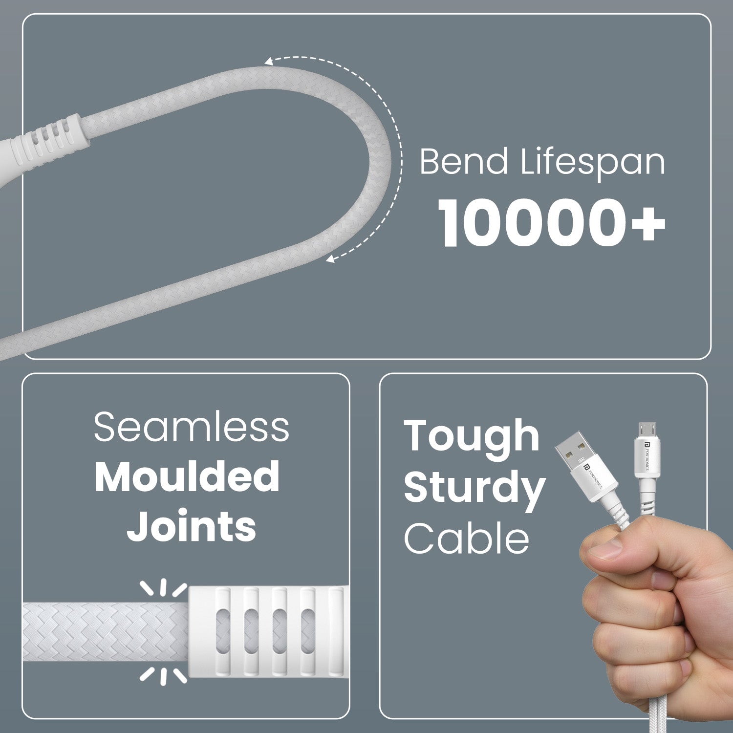 White Portronics Konnect X cable for Android with braided exterior and flexible joints – strong cable for daily charging and travel | dependable android cable for regular use
