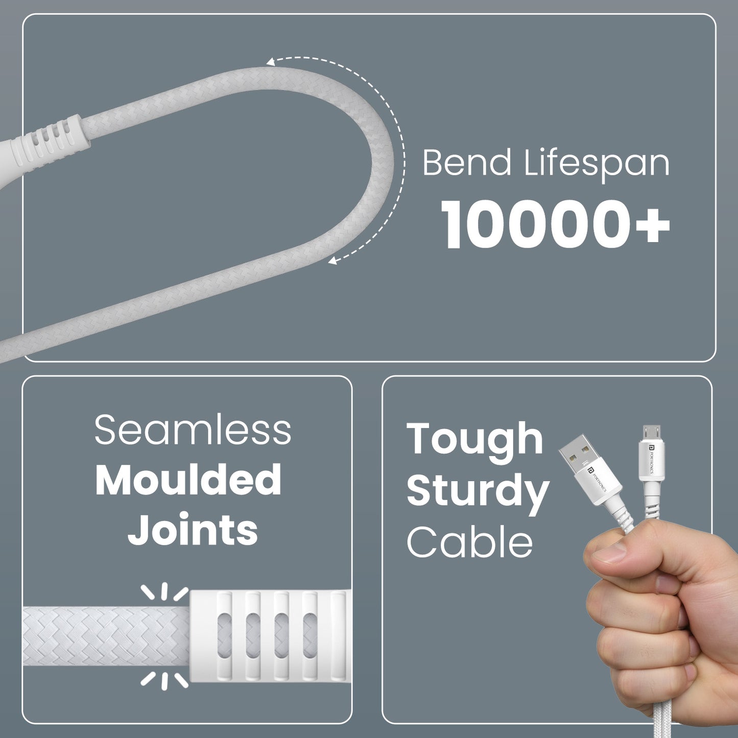 White Portronics Konnect X cable for Android with braided exterior and flexible joints – strong cable for daily charging and travel | dependable android cable for regular use
