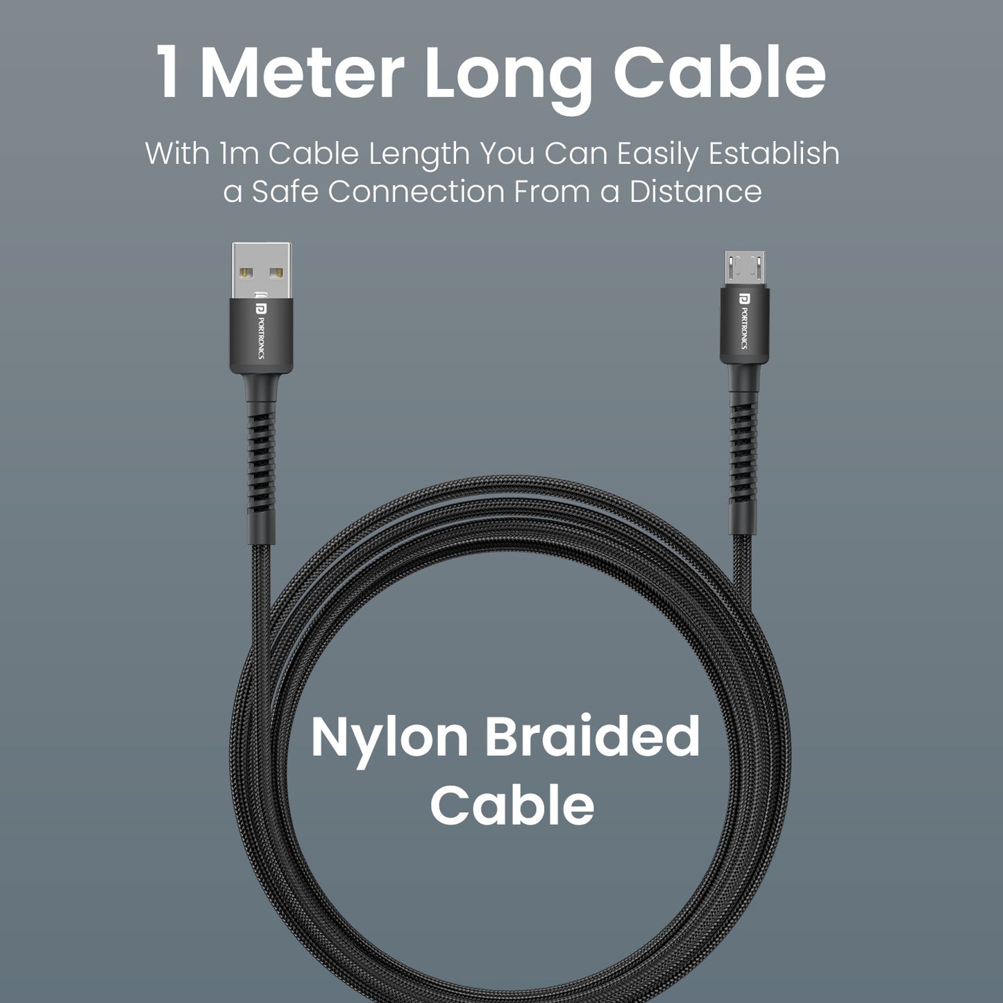 Black Portronics Konnect X charging cable with 1m length and tangle-free braided design – convenient for home, office and car charging needs | flexible charging cable for everyday use