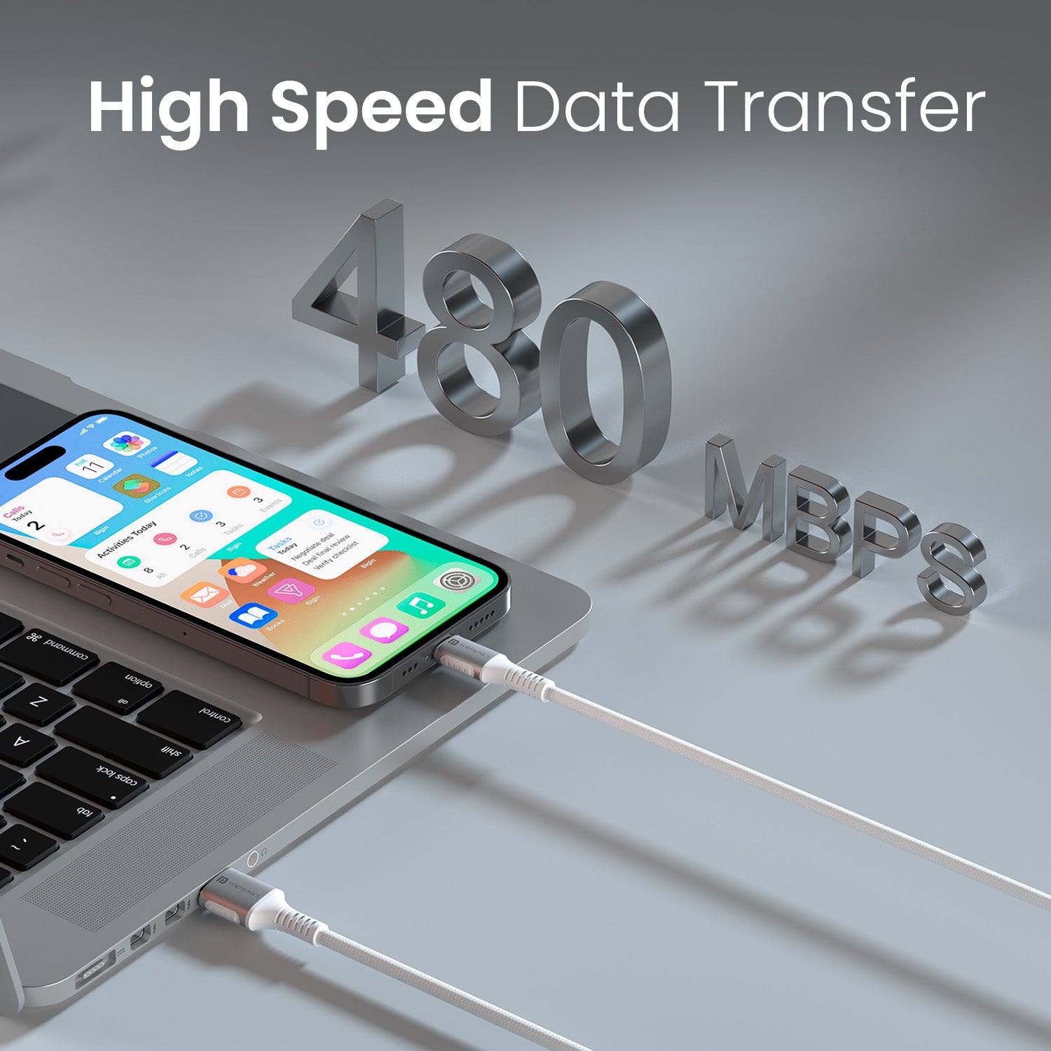 White Portronics Konnect X data sync cable with 480Mbps speed and stable charging – perfect for users who sync files regularly | smooth data sync cable for fast transfers
