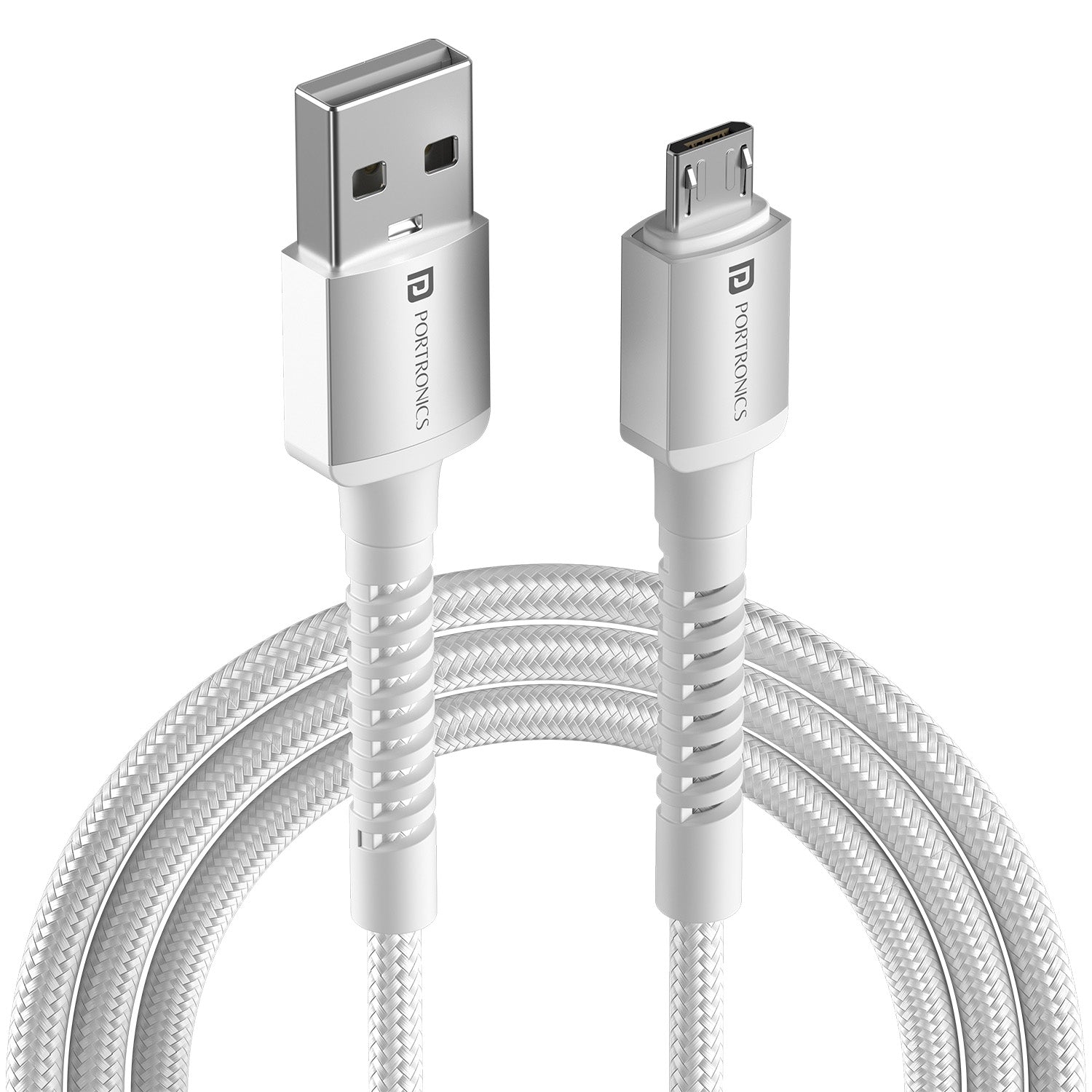 White Portronics Konnect X fast charging data cable supporting power + sync – great for multitasking users who charge and transfer together | dual-purpose fast charging data cable