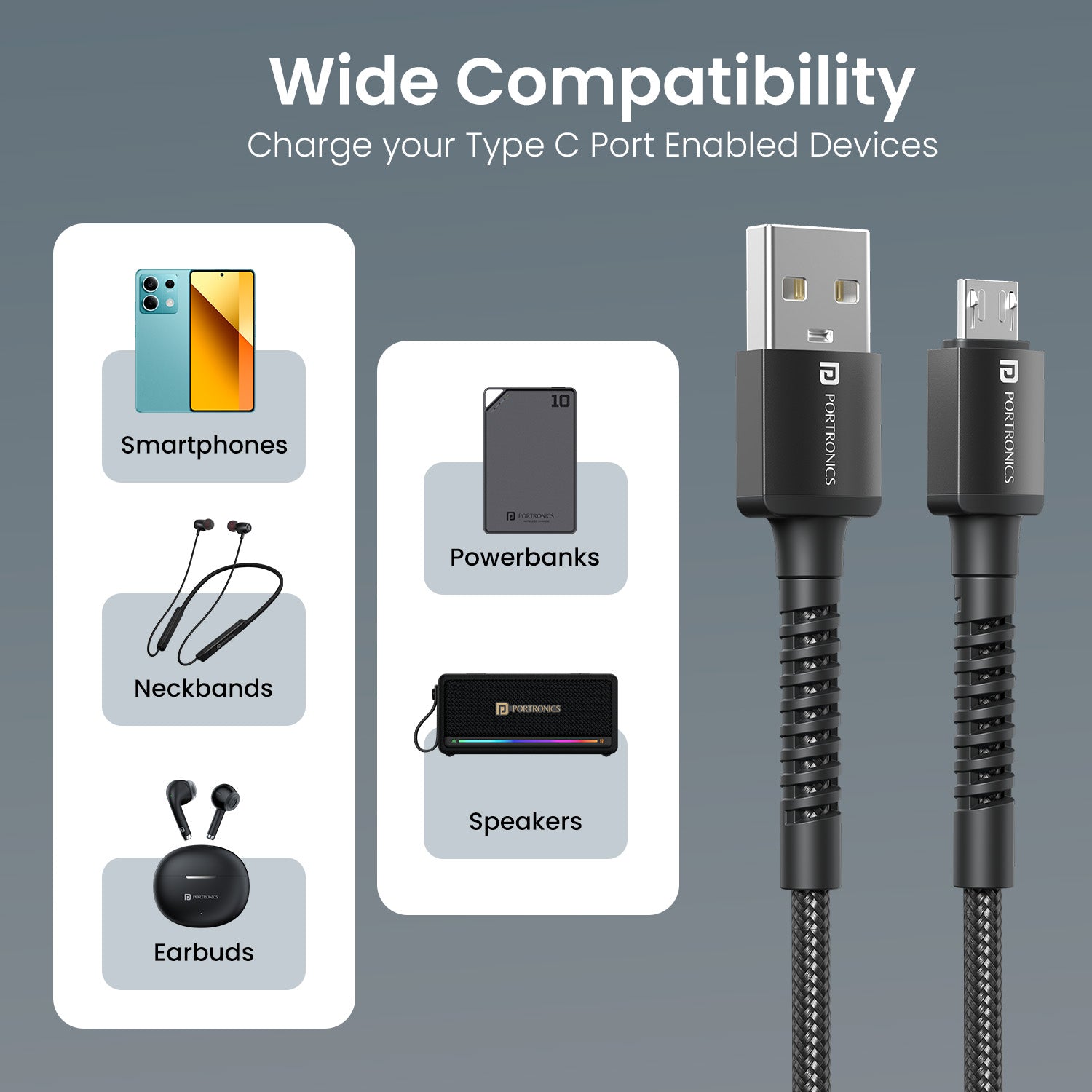 Black Portronics Konnect X micro usb cable with universal compatibility for Android, speakers and power banks – reliable option for multi-device charging | durable micro usb cable for daily use