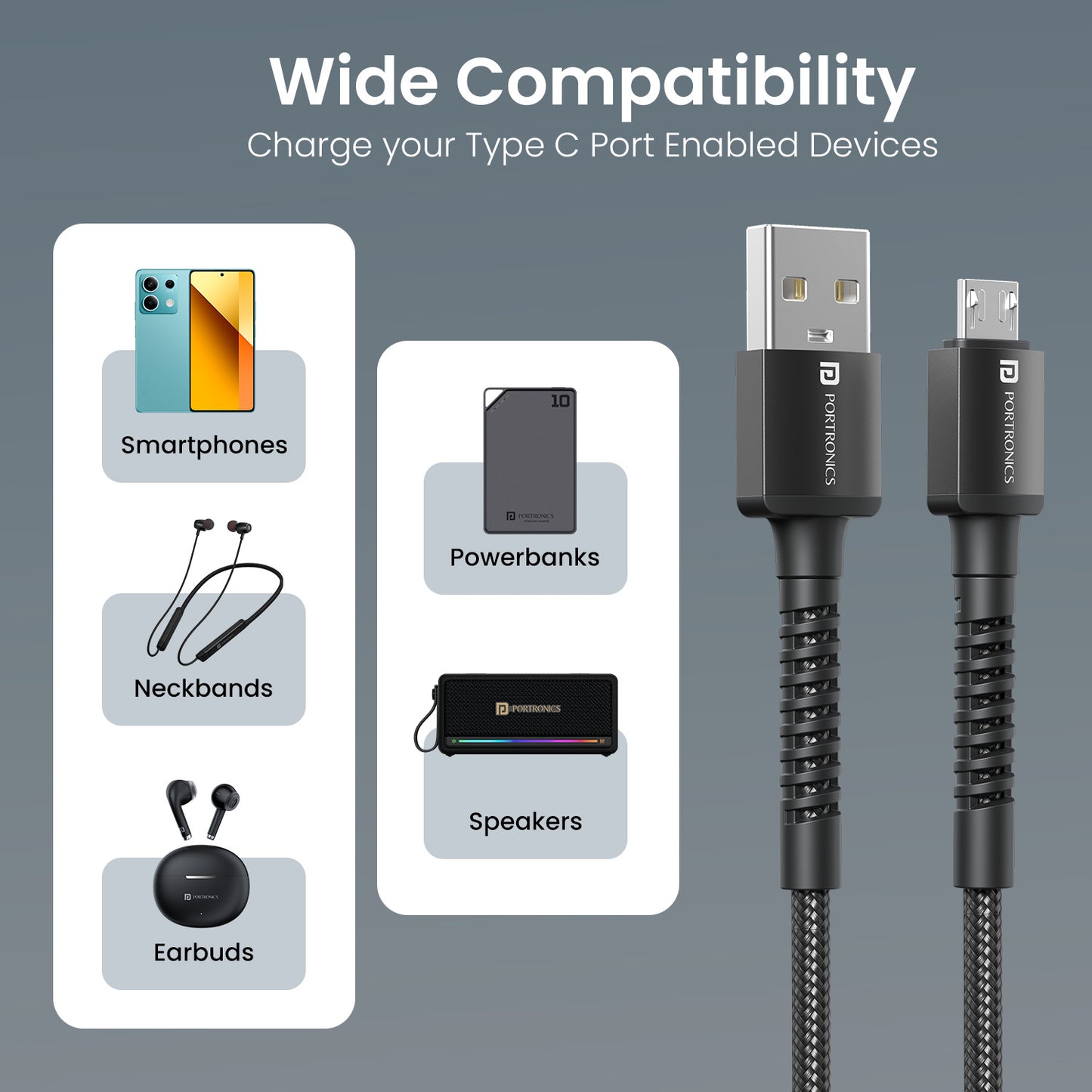 Black Portronics Konnect X micro usb cable with universal compatibility for Android, speakers and power banks – reliable option for multi-device charging | durable micro usb cable for daily use