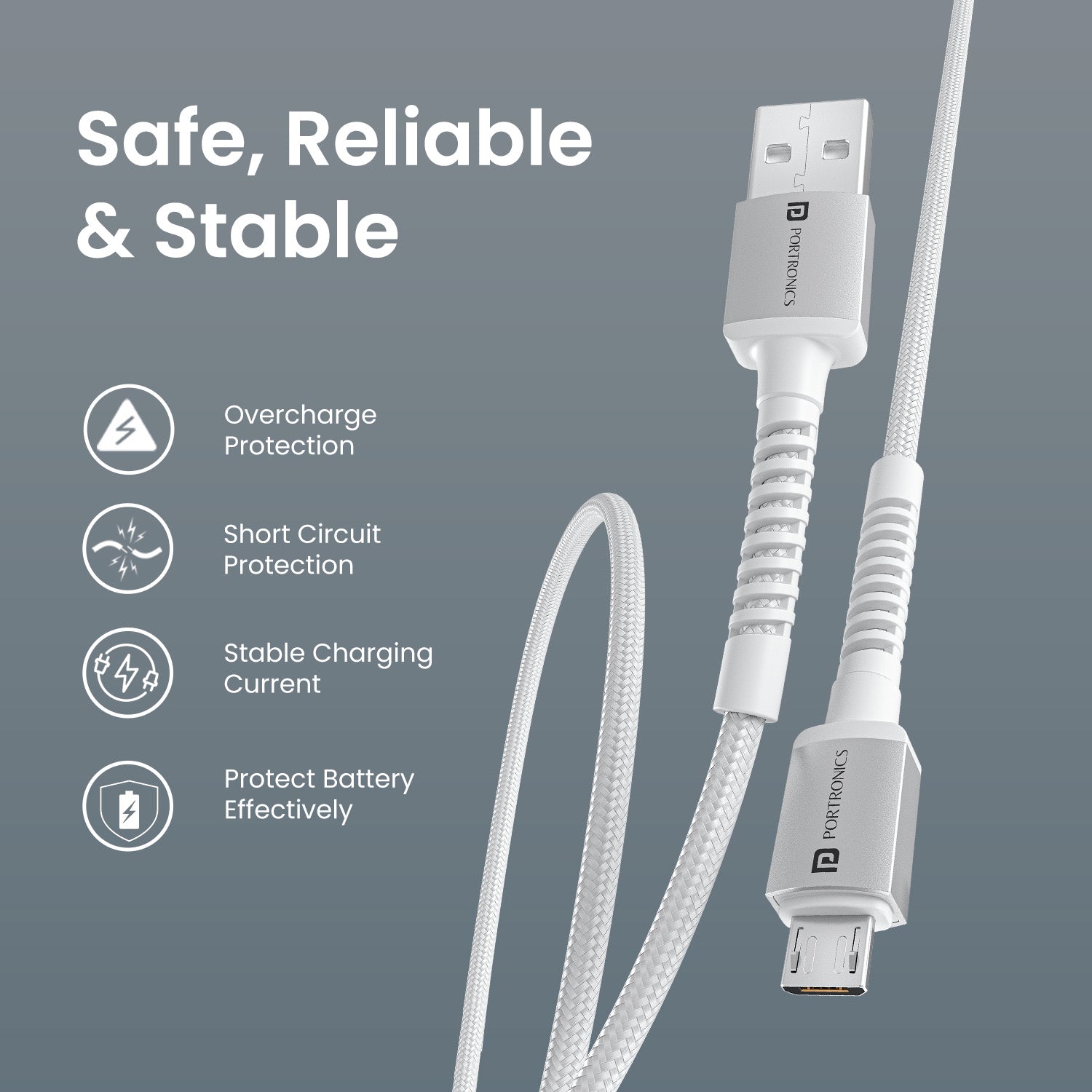 White Portronics Konnect X micro usb cable with upgraded durability and safe power flow – designed for stable and efficient charging | premium konnect cable for consistent performance