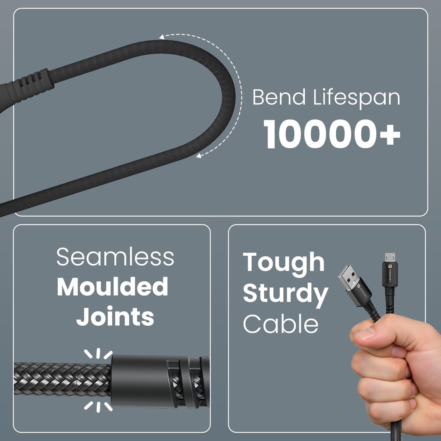 Black Portronics Konnect X cable with 10,000+ bend lifespan and reinforced joints – long-lasting Micro USB cable for heavy usage | durable charging cable built to last
