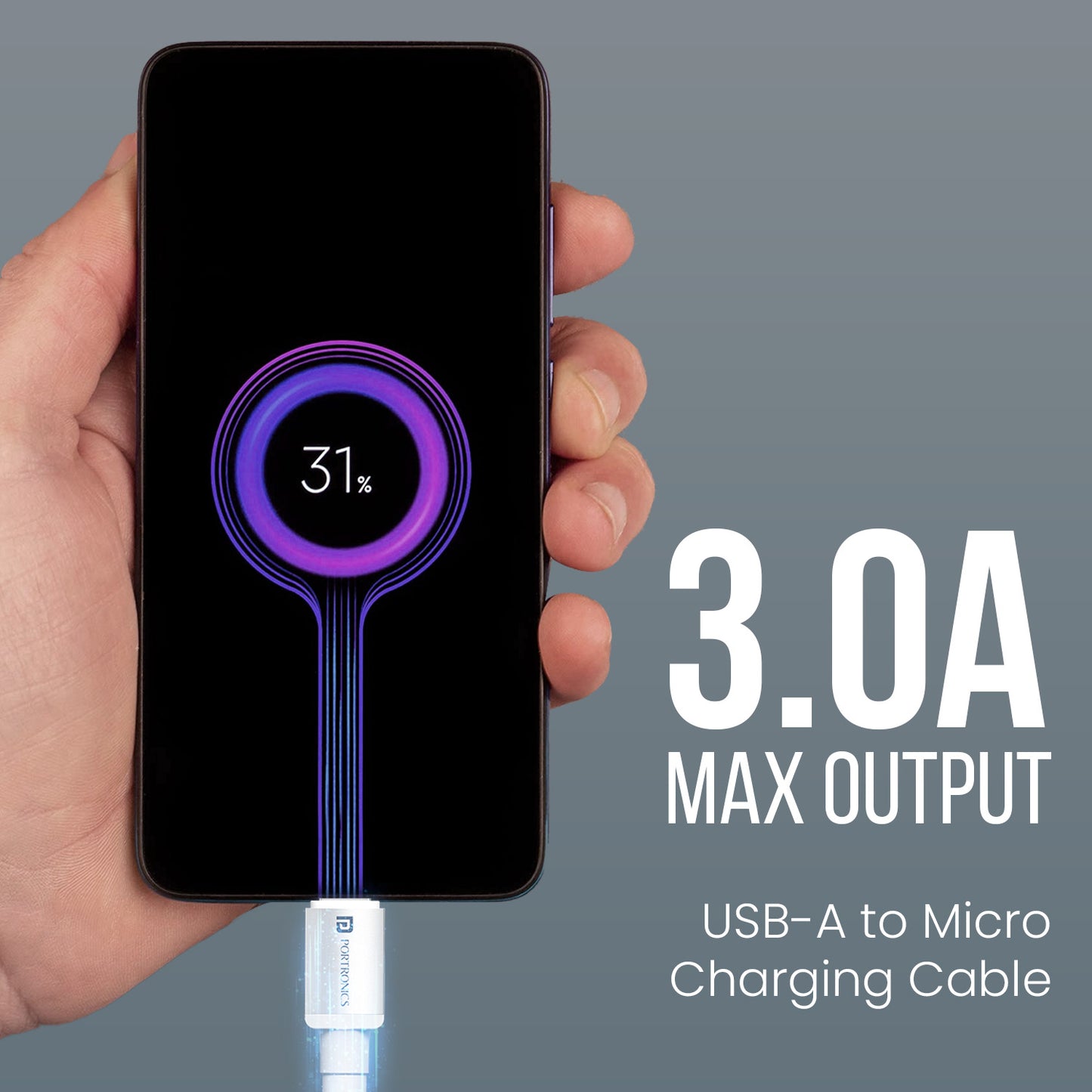 White Portronics Konnect X micro usb charging cable with 3A output and firm connector grip – fast-charge solution for Android phones | fast micro usb cable for quick power-ups