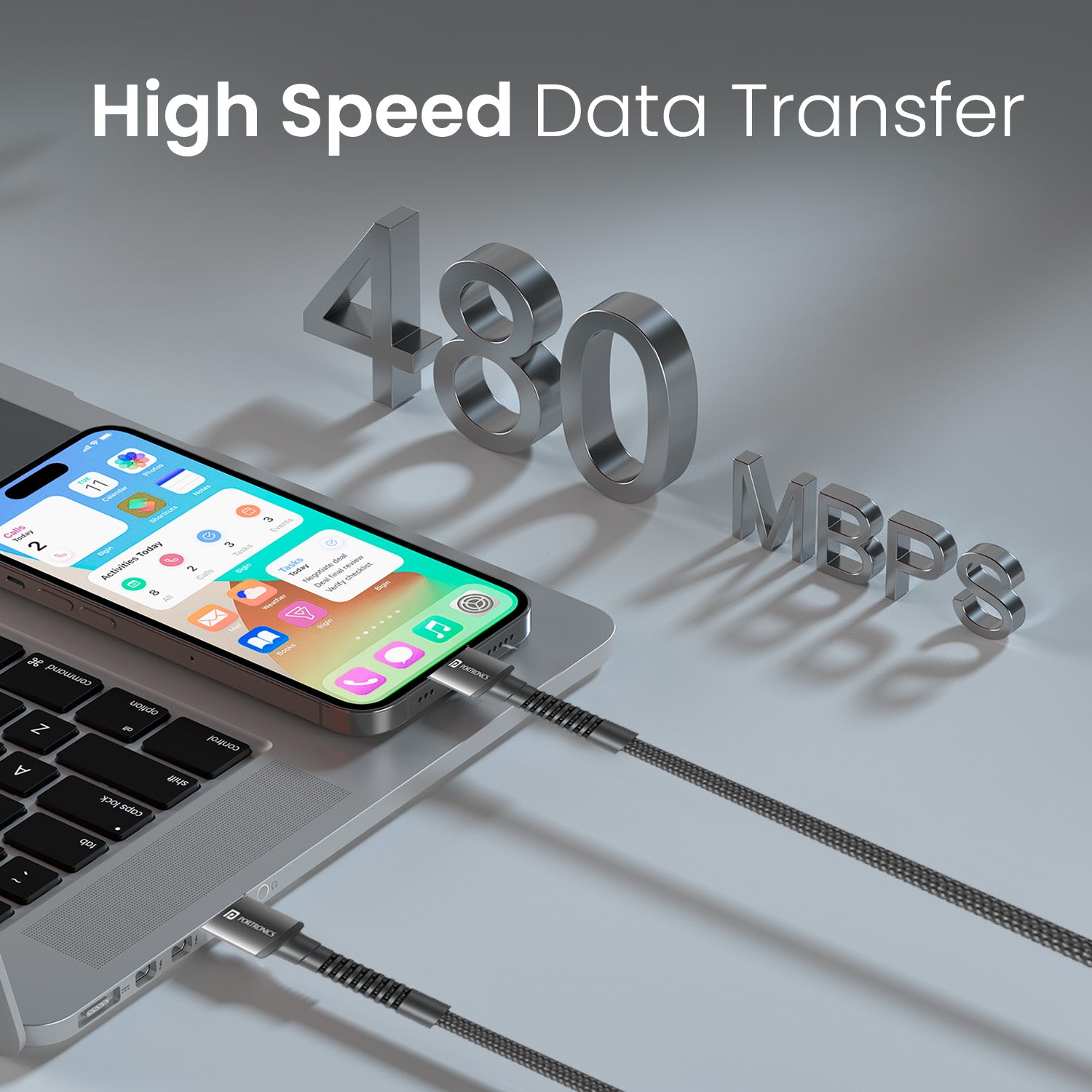 Black Portronics Konnect X data cable with 480Mbps transfer speed and strong build – smooth data sync for photos, videos and files | high-speed data cable for quick transfers