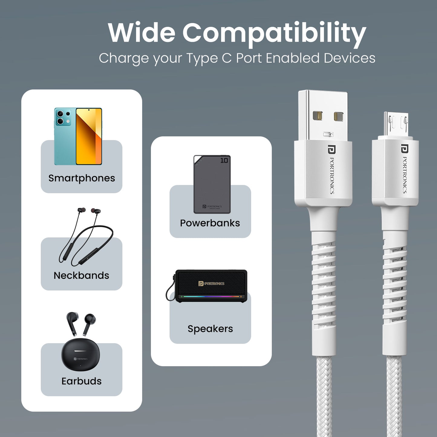 White Portronics Konnect X mobile charging cable compatible with phones, cameras and Bluetooth speakers – versatile Micro USB cable for everyday use | multi-device charging cable for daily needs