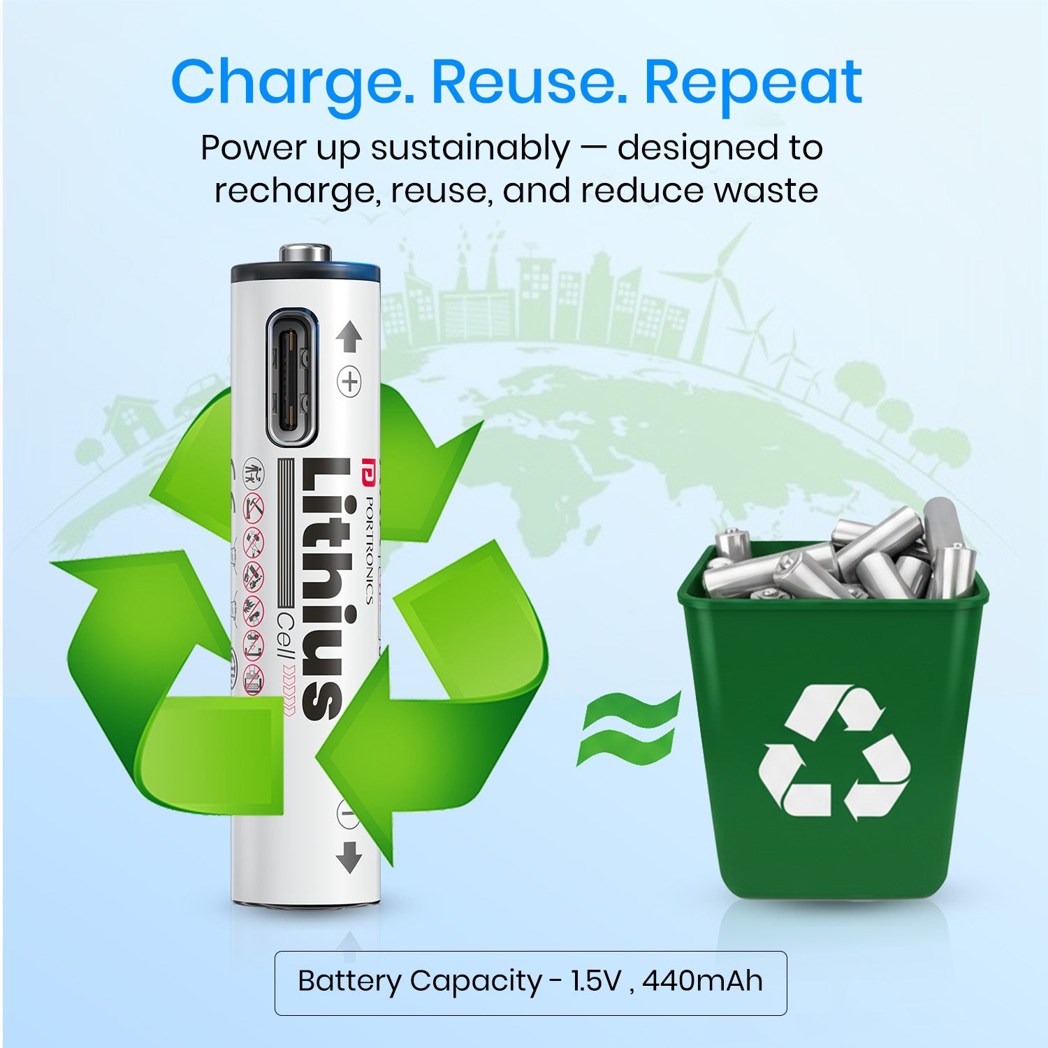 Portronics Lithius Cell AAA USB-C Rechargeable Lithium-ion Battery | c type battery rechargeable with stable 1.5V output | premium rechargeable li ion battery alternative to Eveready rechargeable battery with charger