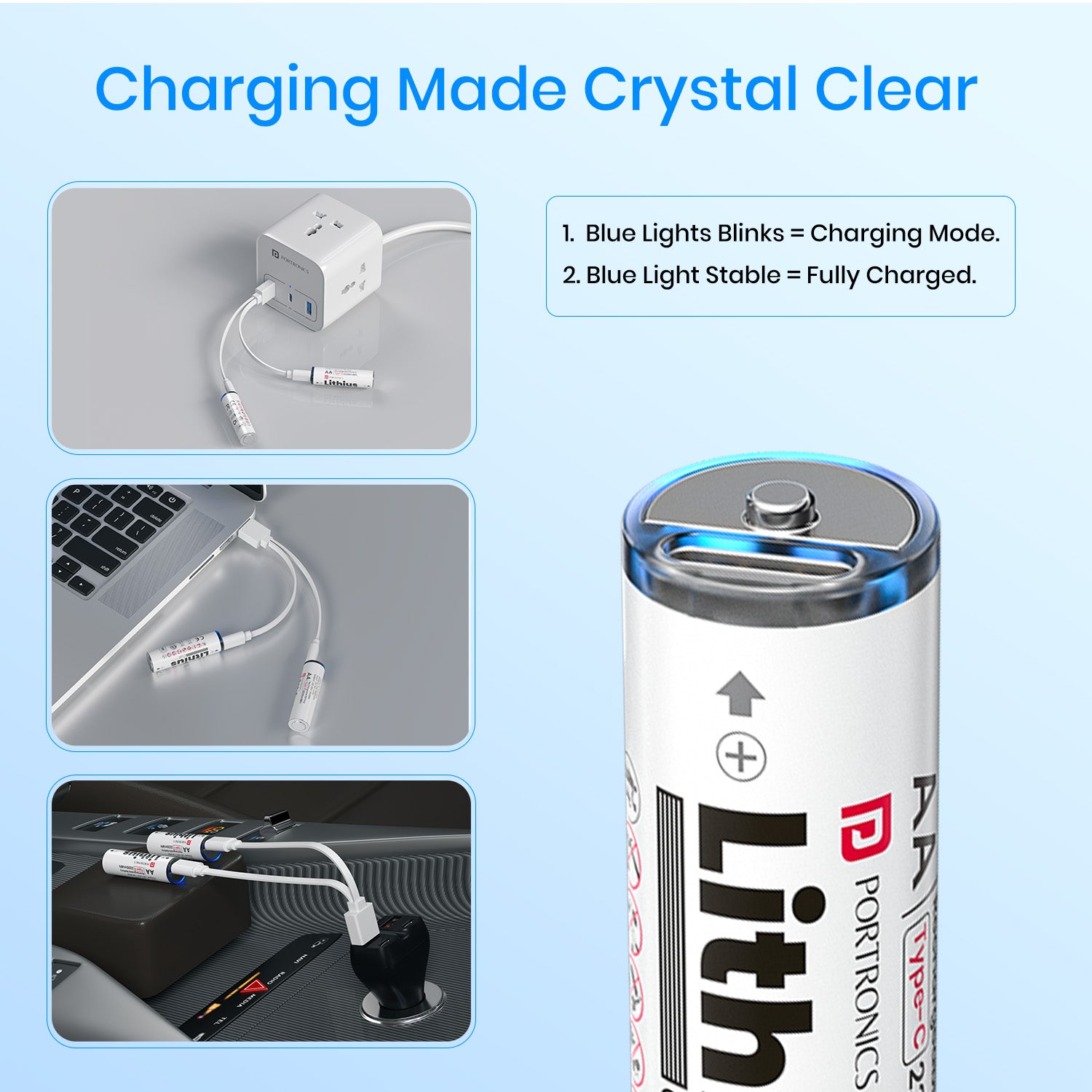 Portronics Lithius Cell AA USB-C Rechargeable Lithium-ion Battery | c type battery rechargeable with stable 1.5V output | premium rechargeable li ion battery alternative to Eveready rechargeable battery with charger