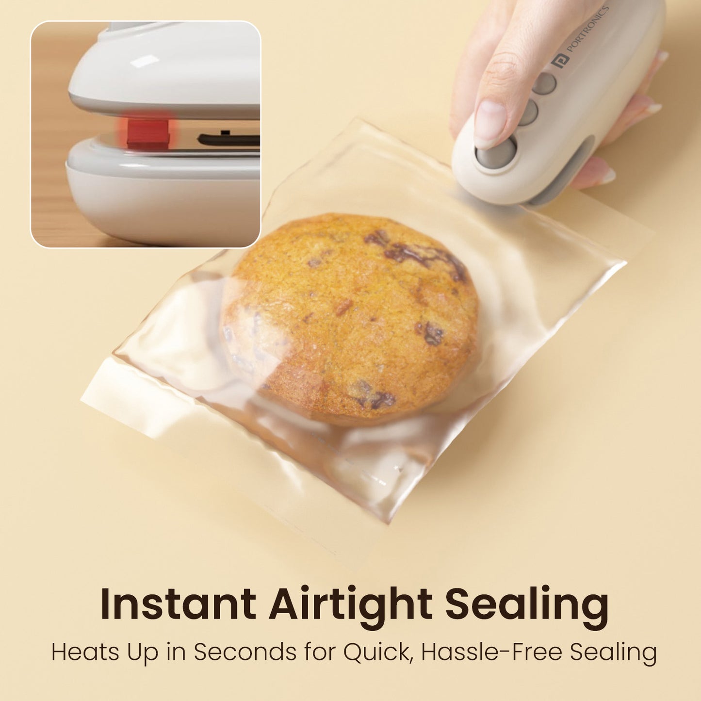 Portronics Locksy | 2-in-1 Mini Food Bag Sealer & Cutter with Safe Design & Magnetic Mount | A smart rechargeable sealing machine for airtight food preservation and clean cuts on every pack—featuring heat-seal technology, Type-C charging, LED indicators, and anti-slip magnetic storage.