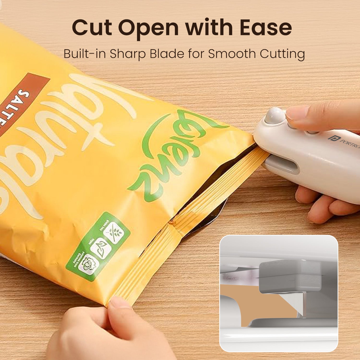 Portronics Locksy | Type-C Rechargeable 2-in-1 Sealer & Cutter for Food Storage | Compact Mini Food Bag Sealer & Cutter designed to prevent spills, reduce waste, and keep food crisp with strong sealing performance and safe, recessed cutting action—your everyday portable sealing solution.