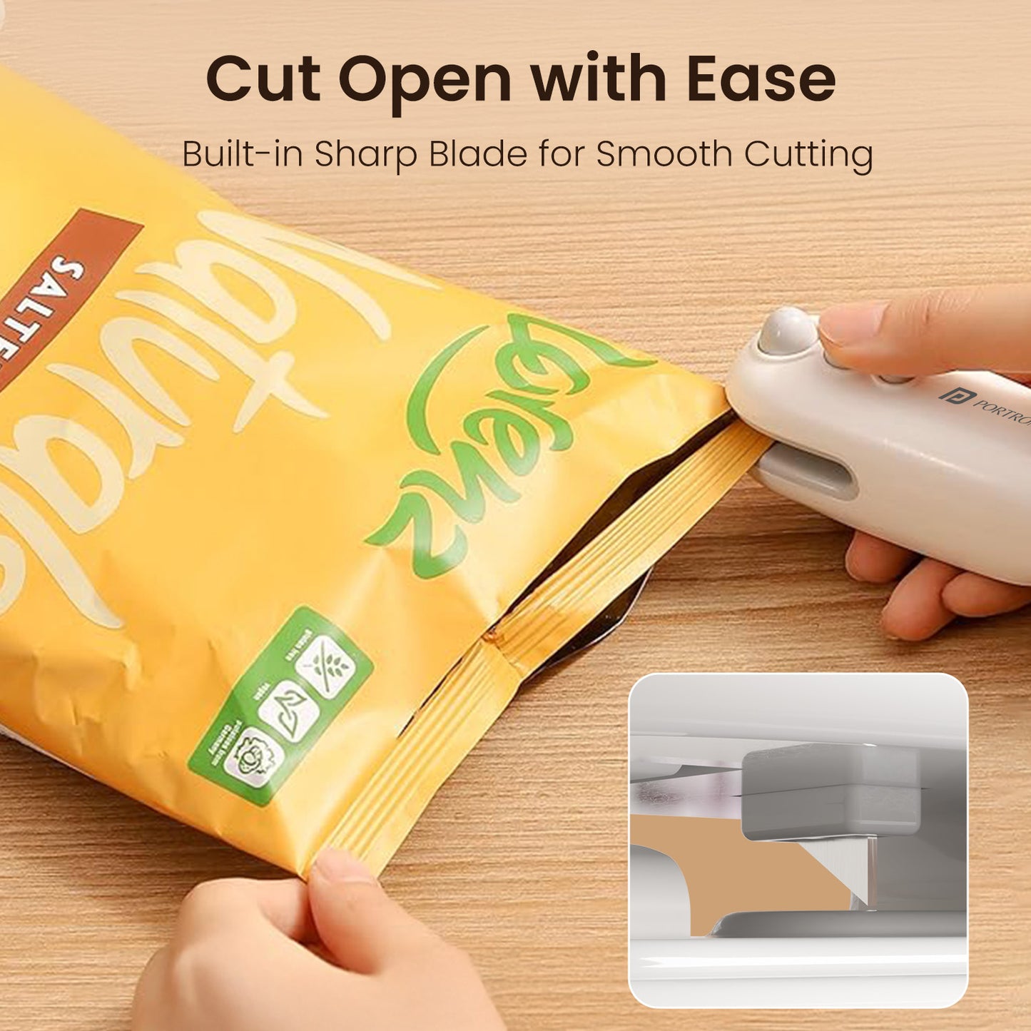Portronics Locksy | Type-C Rechargeable 2-in-1 Sealer & Cutter for Food Storage | Compact Mini Food Bag Sealer & Cutter designed to prevent spills, reduce waste, and keep food crisp with strong sealing performance and safe, recessed cutting action—your everyday portable sealing solution.