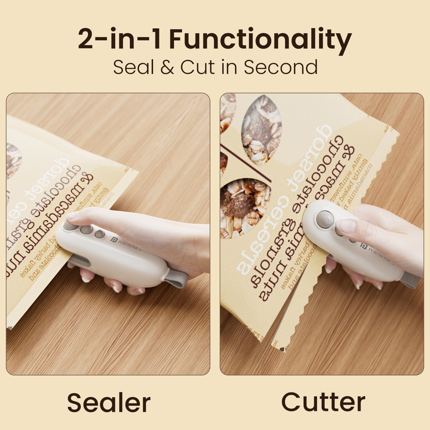 Portronics Locksy | Mini Food Bag Sealer & Cutter with Type-C Charging | A smart 2-in-1 Sealer & Cutter that reseals chips, cookies, and spices while keeping them fresh longer. Features a strong heating clip, LED indicator, and magnetic grip for easy fridge docking—your all-in-one portable sealing machine for daily organization.
