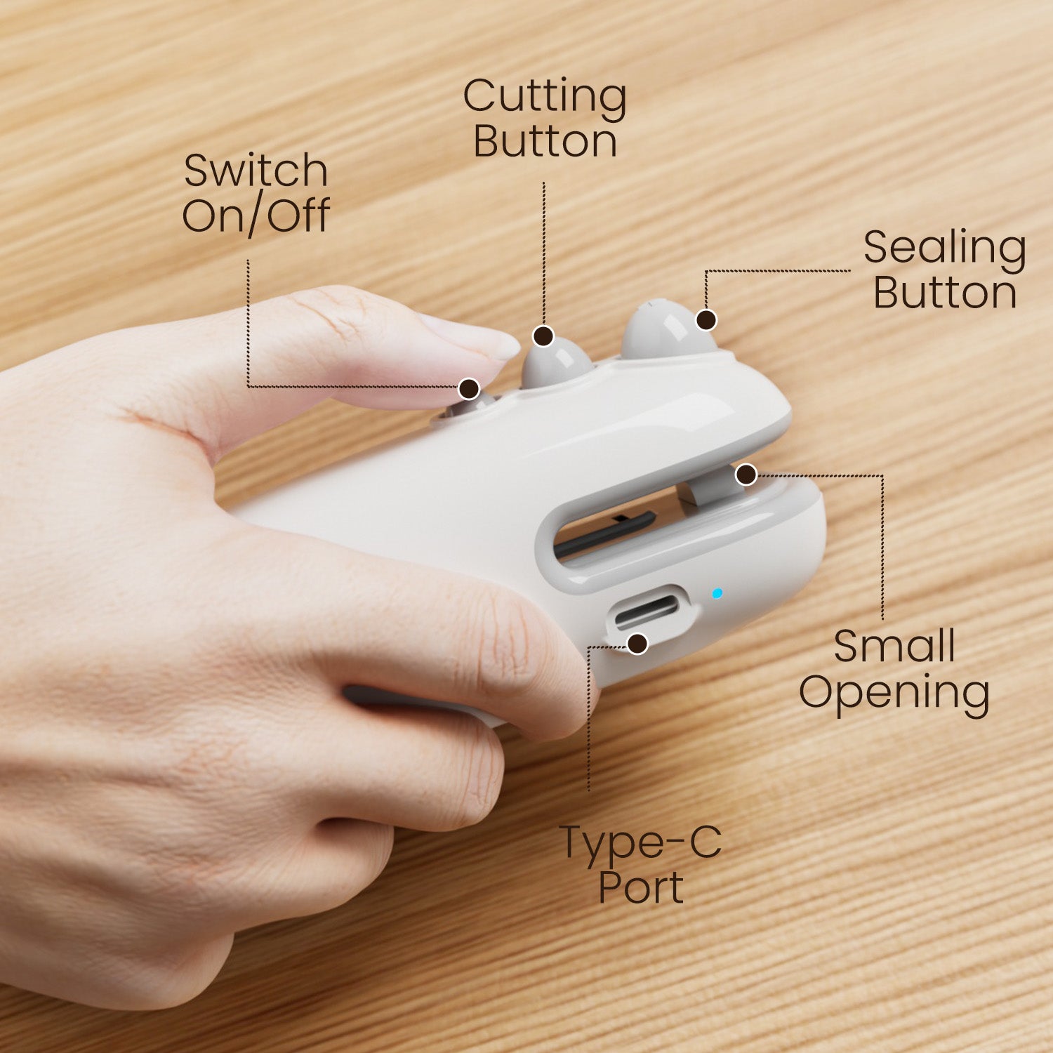 Portronics Locksy | Rechargeable Portable Sealing Machine with Built-in Cutter | A versatile 2-in-1 Sealer & Cutter designed to lock out air and moisture from food bags while offering clean, straight cuts on packaging film. Lightweight, ergonomic, and perfect for kitchens, dorms, and travel kits.